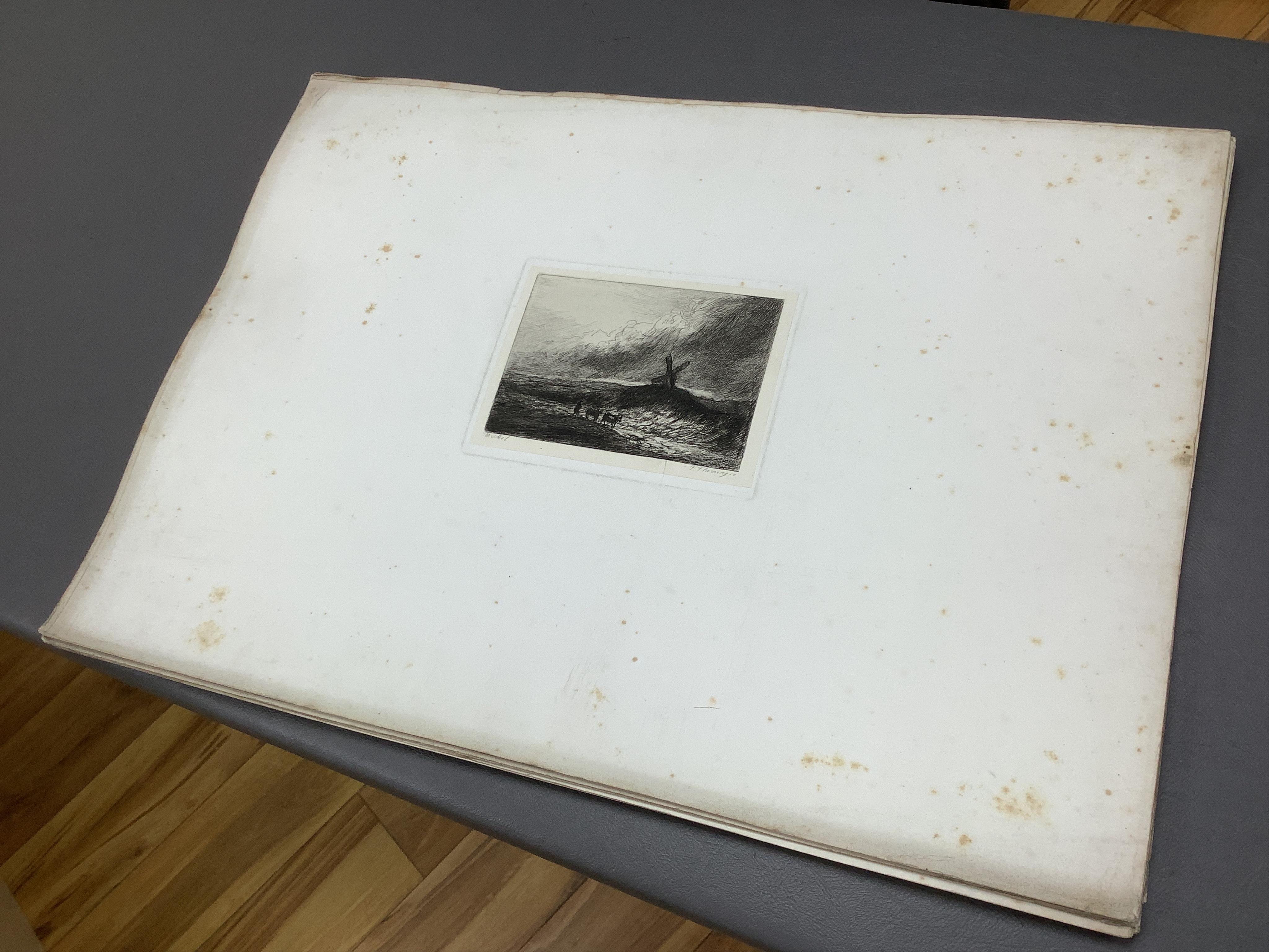 A large folio of etchings, to include after Eugene Delacroix, 'The mourning of Christ', each 45 x 32cm, housed in a leather folder